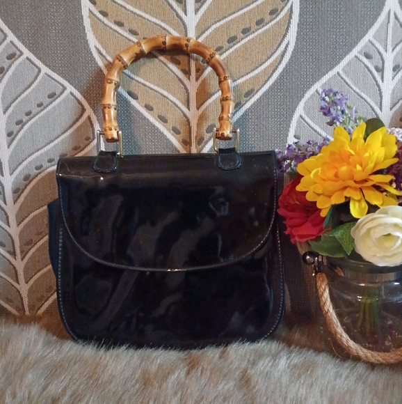 Vintage Bamboo Handle Patented Leather Black Vinyl Evening Handbag 8" - Picture 9 of 12